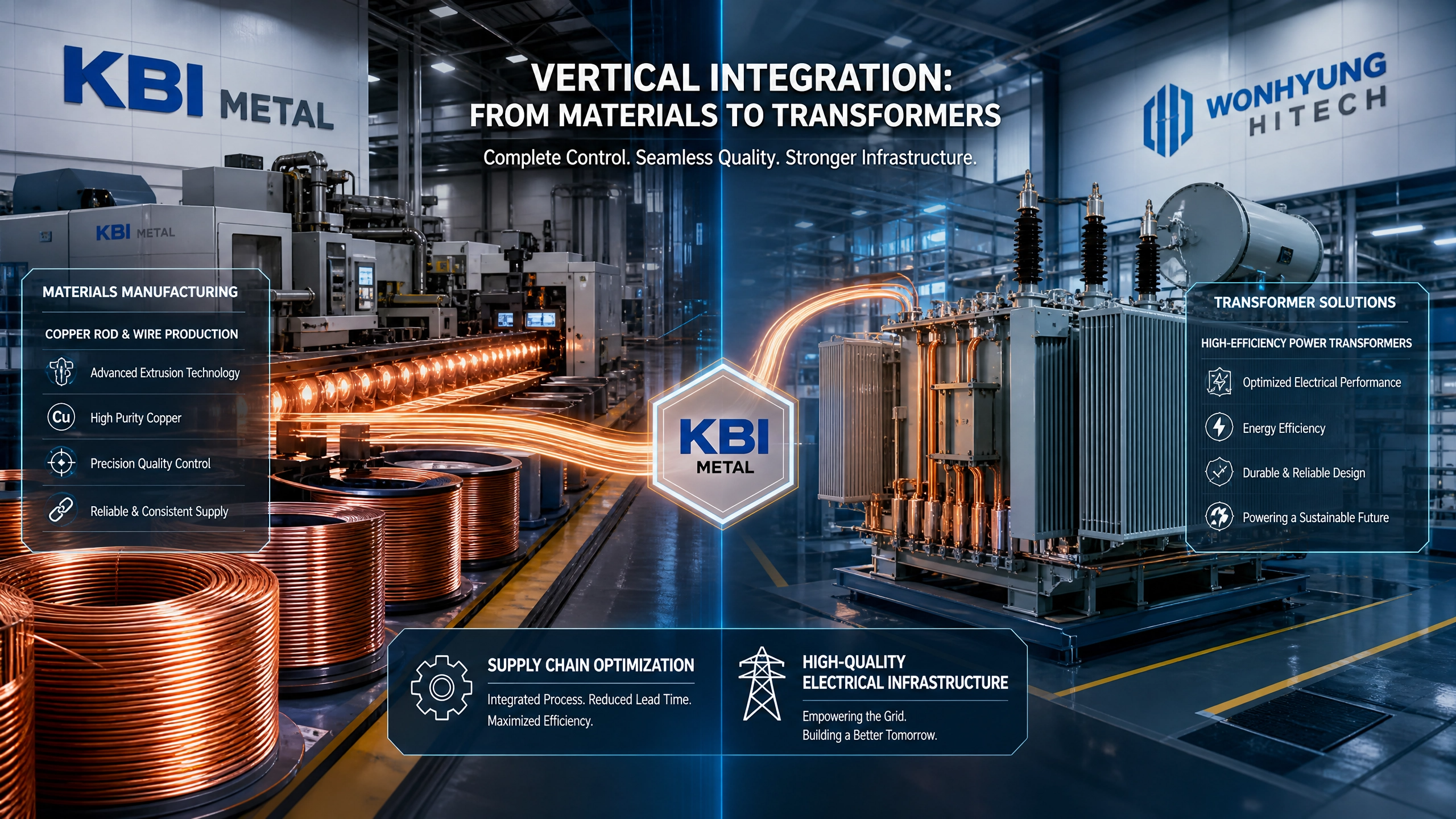 KBI메탈이 원형하이텍 인수를 통해 완성한 전선 소재와 변압기를 아우르는 수직 계열화(Vertical Integration) 모델을 시각화한 이미지입니다.
이미지 주요 특징:
소재에서 완제품까지의 통합: 좌측의 고순도 구리 로드(Copper Rod) 및 전선 소재 생산 공정과 우측의 고효율 변압기 제조 공정을 유기적으로 연결하여 시각화했습니다.
공급망 최적화(Supply Chain Optimization): 소재 생산 단계부터 변압기 조립까지 이어지는 원스톱 제조 프로세스를 역동적인 에너지 라인으로 표현하여 효율성을 강조했습니다.
기술적 시너지: KBI메탈의 소재 기술력과 원형하이텍의 변압기 제조 노하우가 결합되어 탄생하는 고품질 전력 인프라 솔루션을 담아냈습니다.
글로벌 경쟁력 강조: 'Vertical Integration: From Materials to Transformers'라는 문구와 양사의 브랜딩을 통해, 전력 기기 시장에서의 독보적인 가치 사슬 경쟁력을 표현했습니다.