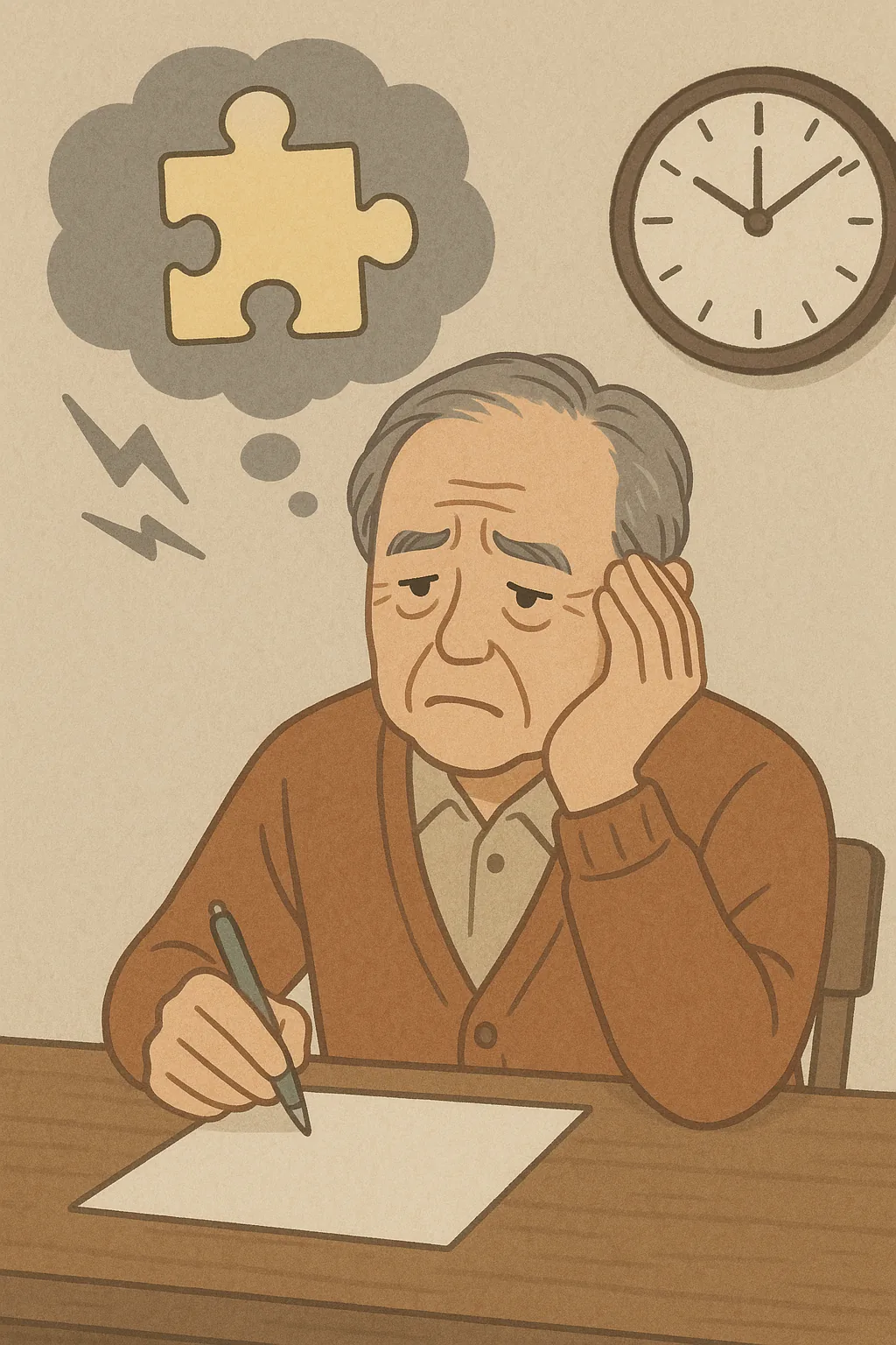 깜빡깜빡-기억력-감퇴로-고민하는-노인의-모습을-따뜻한-색감으로-표현한-일러스트-일상적-실수를-떠올리며-생각에-잠긴-표정-나이와-생활습관-영향을-암시