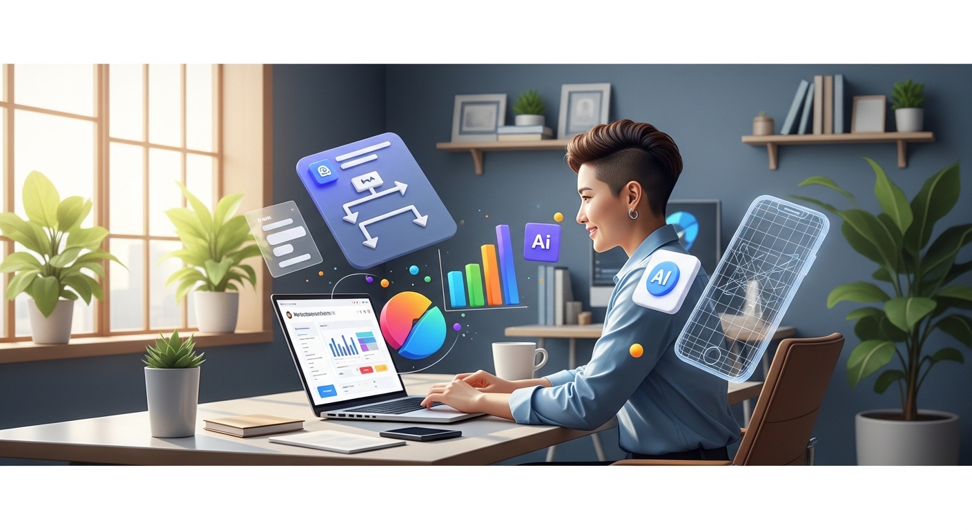 노코드 플랫폼에서 AI 기능을 이용해 모바일 앱을 개발 중인 한국인 스타트업 창업자의 모습. 노트북 화면에 인터페이스 요소와 자동화 아이콘이 떠 있고, 환한 사무실 배경 안에서 앱 제작 과정을 시각화함.