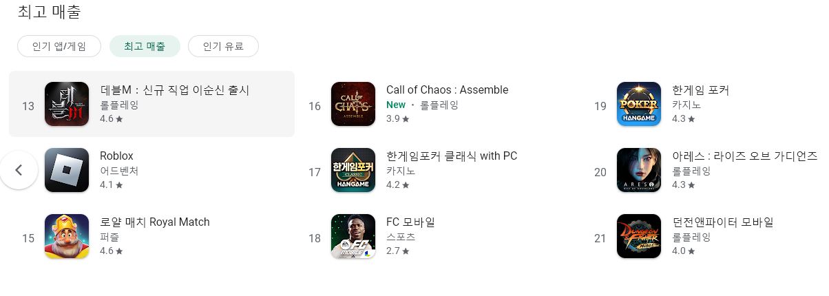 구글플레이 최고매출 순위