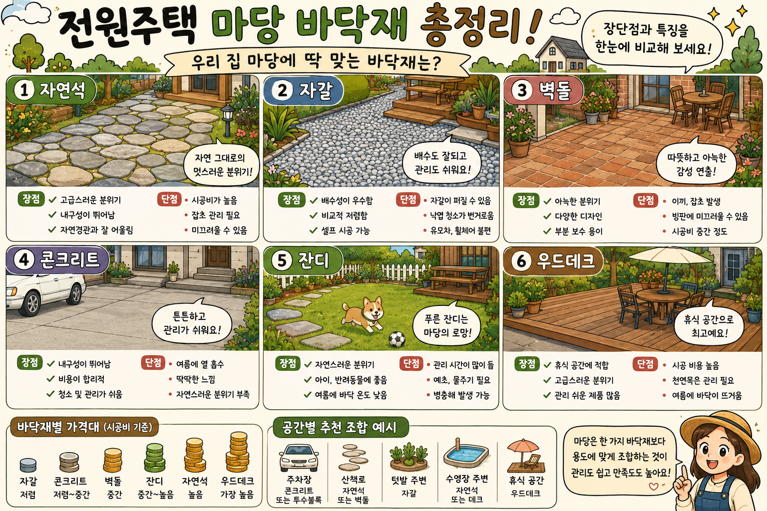 마당 바닥재 선택 (자재별 특징, 시공 경험, 구역별 활용)