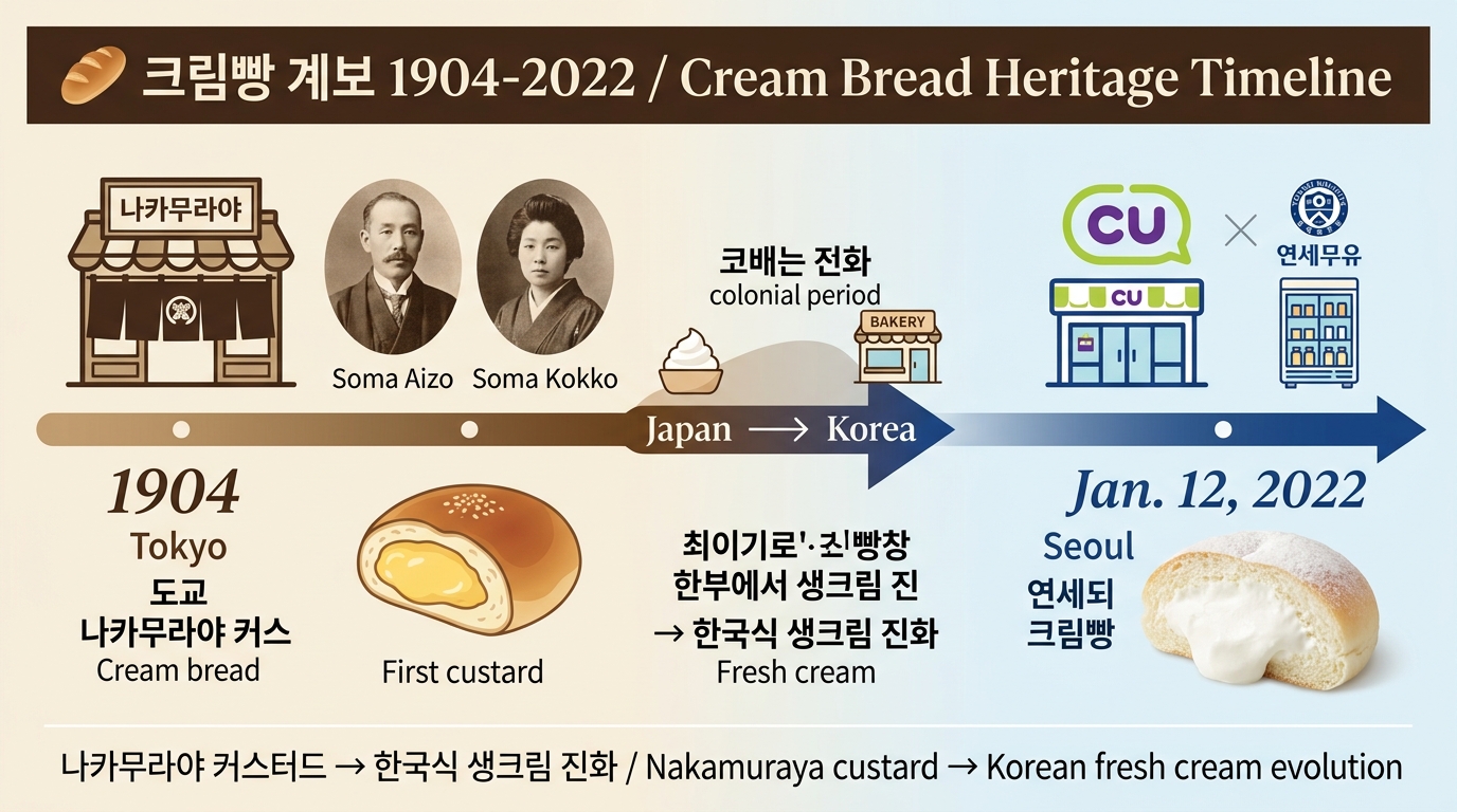 크림빵 역사 타임라인 &mdash; 1904년 나카무라야 &rarr; 2022년 연세우유 크림빵