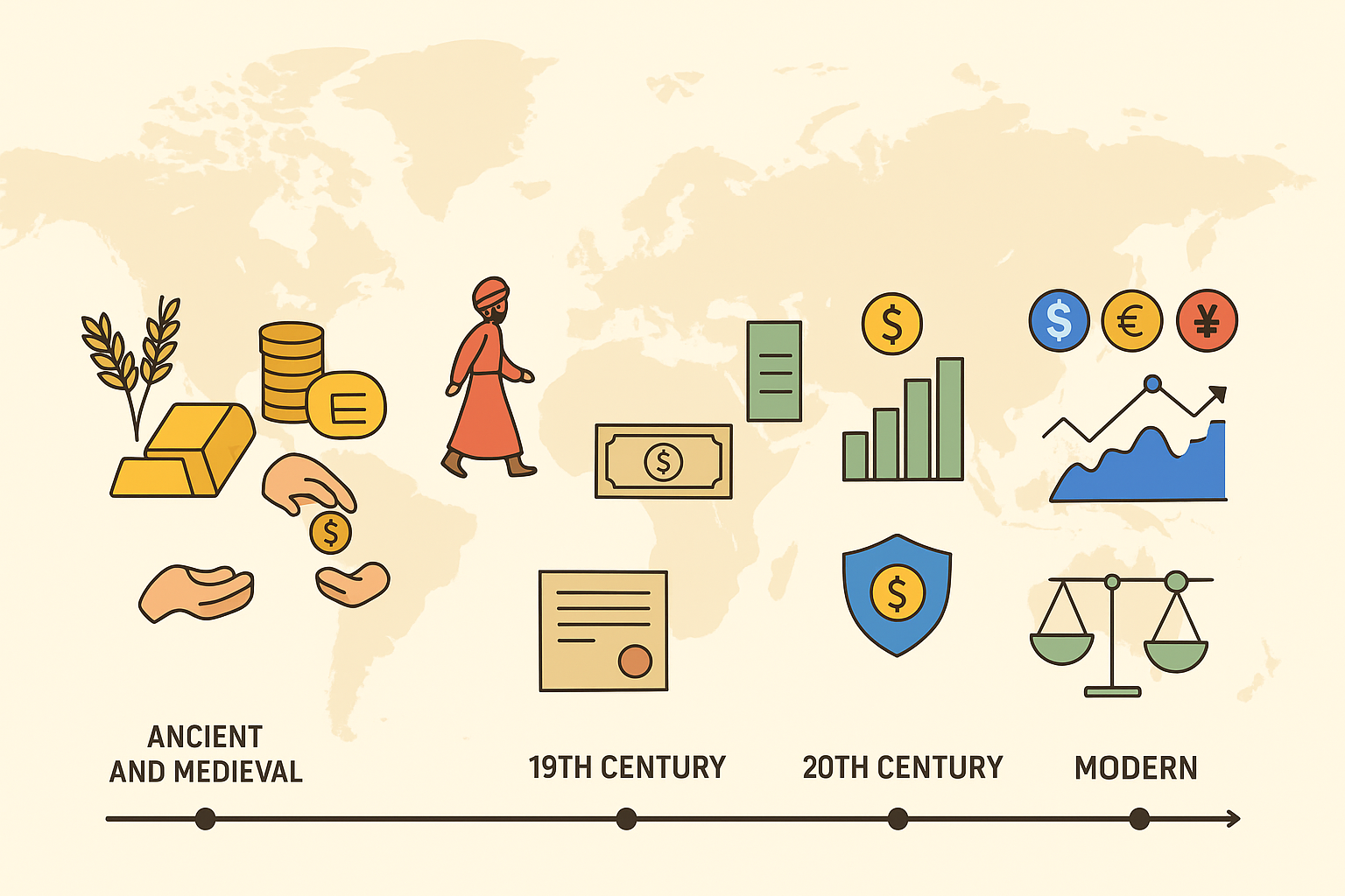 세계 지도 위 고대부터 현대까지 환율과 해외 투자 흐름을 아이콘과 타임라인으로 시각화