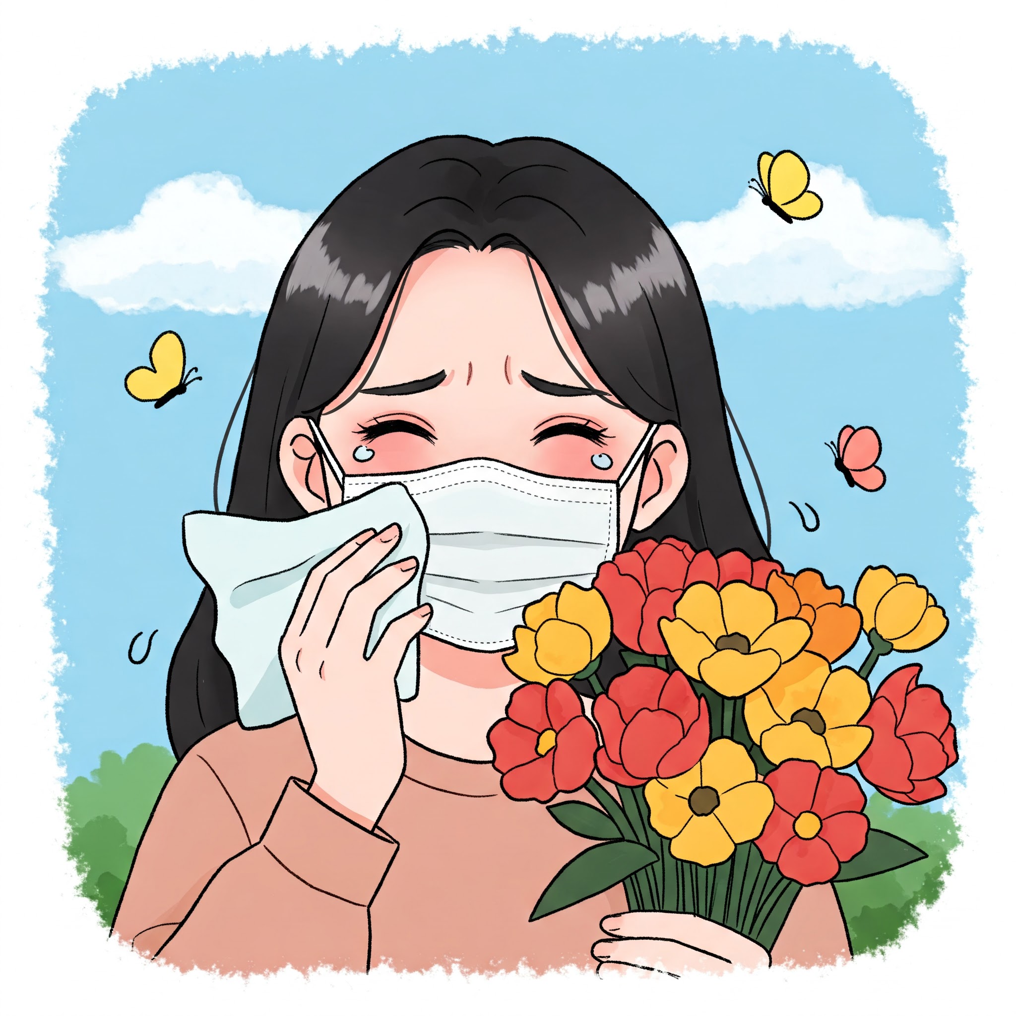 마스크를 쓰고 꽃을 들고있는 여성이 알레르기로 고생하고 있는 모습