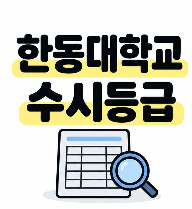 한동대학교 수시등급이라는 큰 제목 아래 성적표와 돋보기를 배치한 대표 이미지