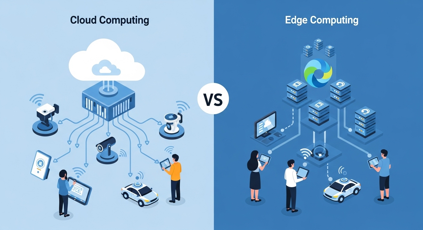 클라우드 컴퓨팅과 엣지 컴퓨팅의 데이터 처리 방식을 비교하는 그림. 엣지 노드가 기기 가까이에서 빠른 처리를 보여준다.