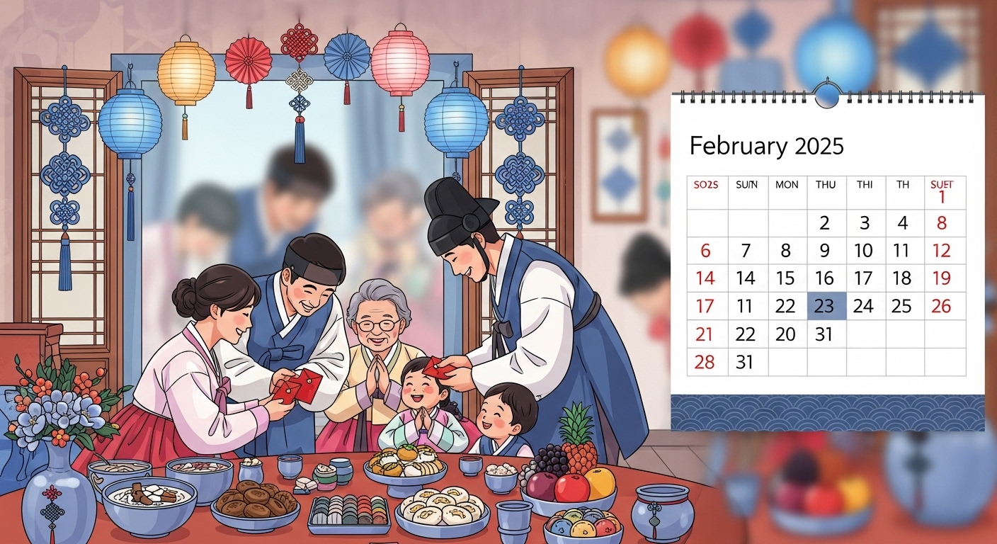 한복을 입고 설날을 축하하는 가족의 모습, 2025년 설날 연휴의 즐거움을 표현