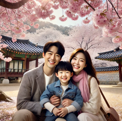 3인 가족이 한국인 풍경에 있는 벚꽃 명소에서 사진 찍는 모습