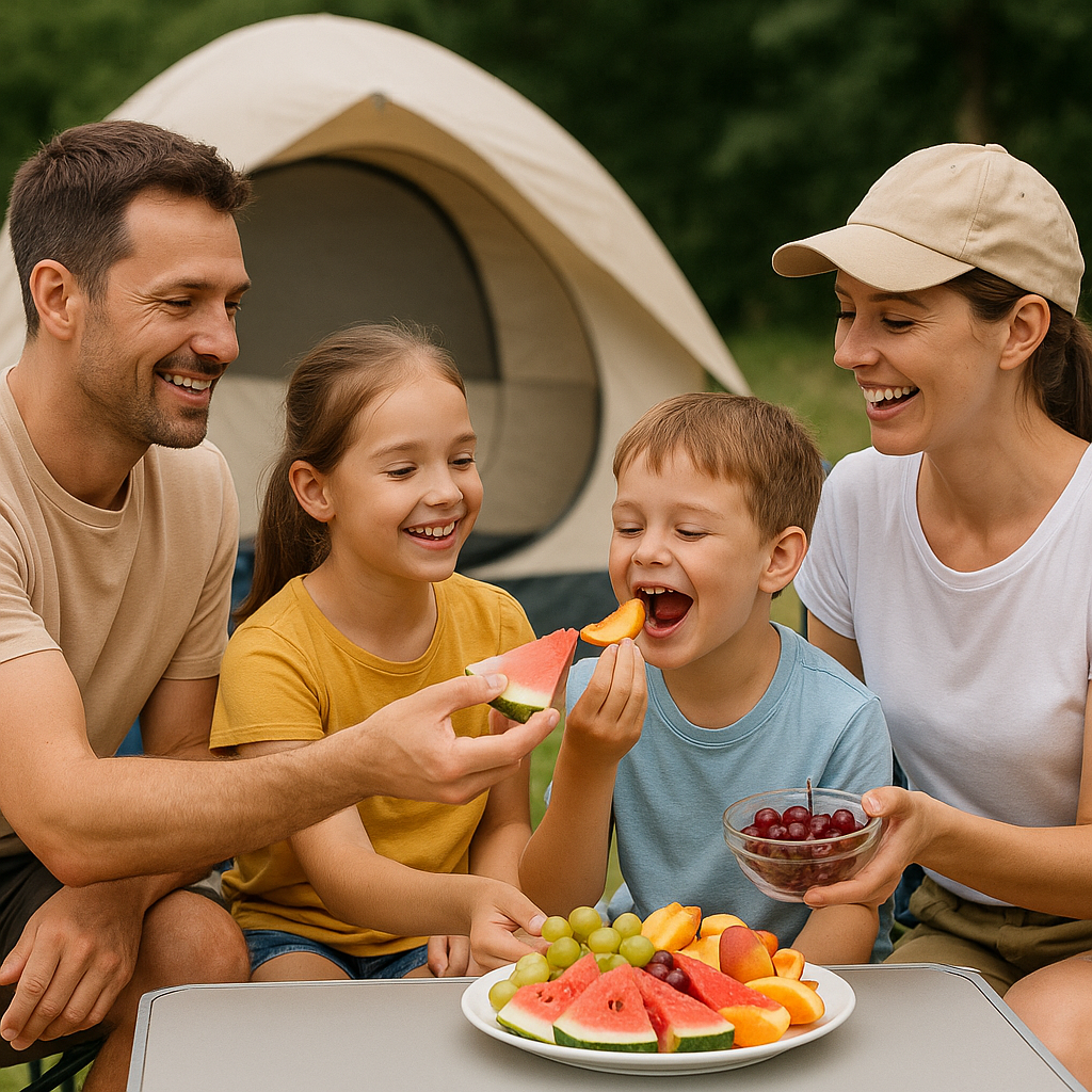 캠핑장에서 과일을 나눠 먹는 가족