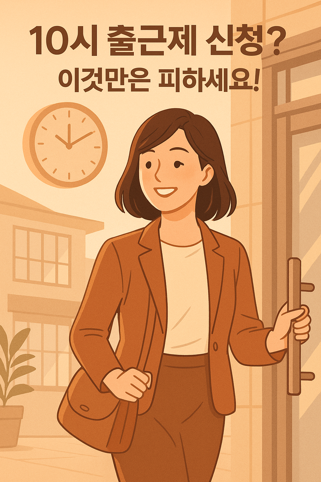 현대적인 사무실 건물로 아침 10시에 웃으며 들어가는 직장인 일러스트