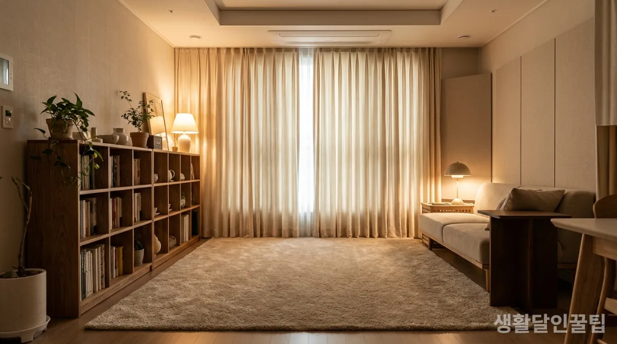 층간 소음 방지를 위한 매트, 책장, 커튼 등 방음 인테리어 요소가 적용된 한국 아파트 실내