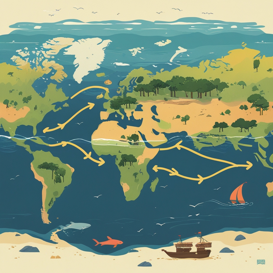 초기 인류가 육지와 바다를 건너 전 세계로 퍼져 나가는 과정을 상징적으로 표현한 이미지