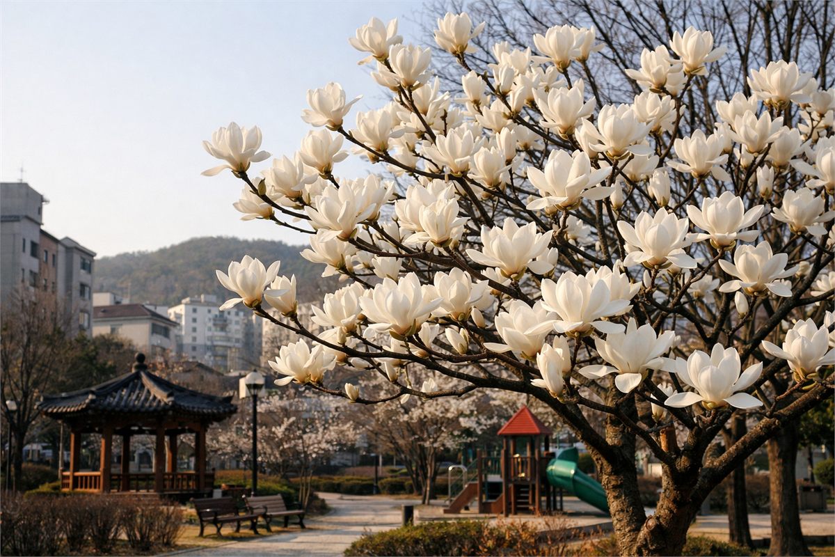 이른 봄 한국 공원에 하얀 목련이 풍성하게 핀 전경
