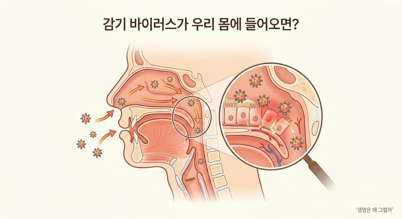 호흡기를 통해 들어온 감기 바이러스가 코와 목의 상기도에 도달하는 모습