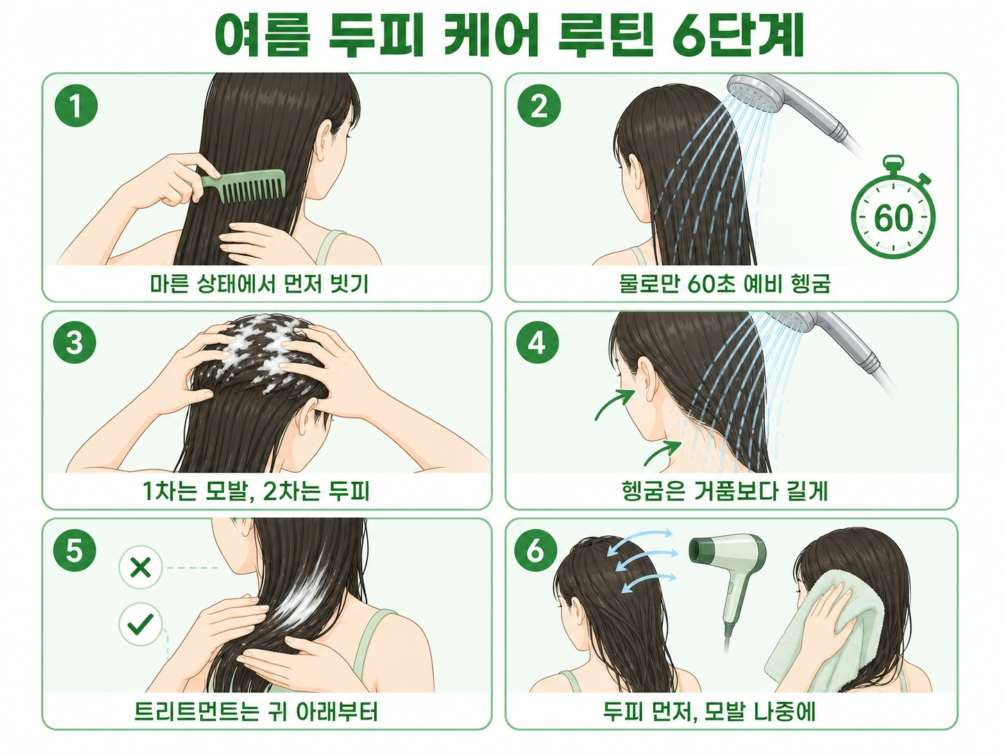 여름 두피 케어 루틴 6단계를 빗질, 예비 헹굼, 세정, 헹굼, 트리트먼트, 건조 순으로 정리한 일러스트 인포그래픽