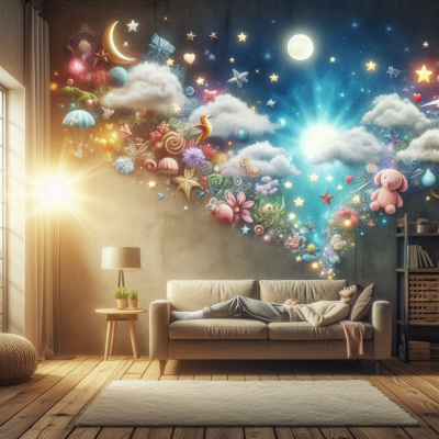 꿈을 꾸는 사람과 그 위로 떠 있는 다양한 형태의 꿈과 상징물들.