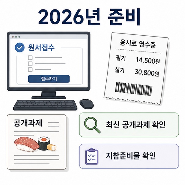 2026년 일식조리기능사 응시료와 Q-Net 원서접수, 최신 공개과제와 지참준비물을 확인하는 방법을 표현한 이미지