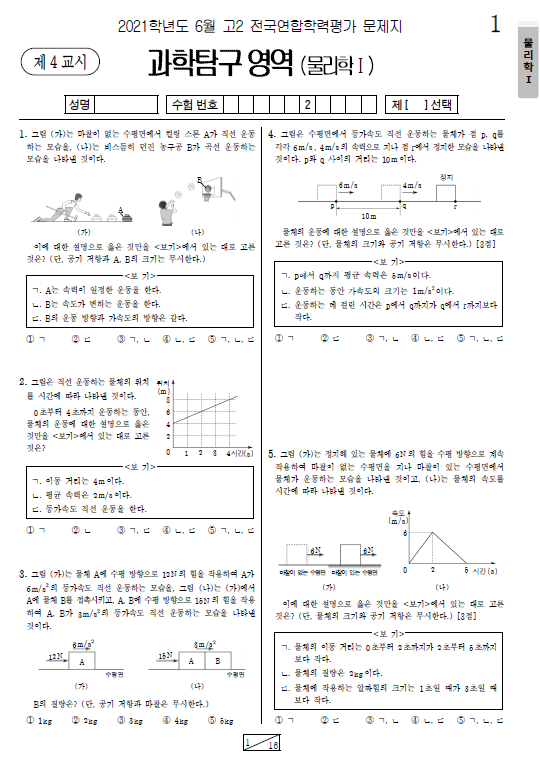 2021-6월-고2-모의고사-물리학 1-기출문제-다운