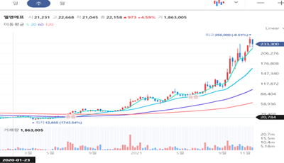 엘앤에프 주봉 차트 