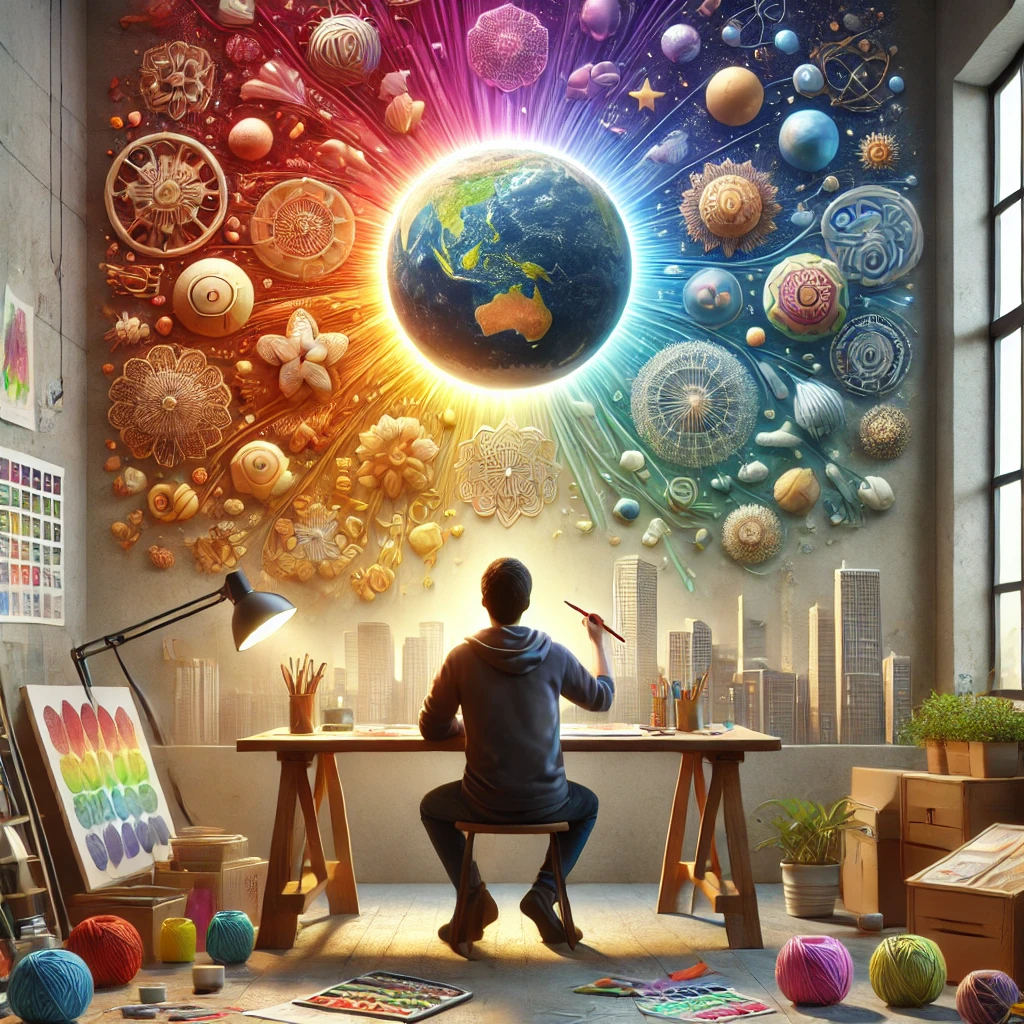 잘 정돈된 책상에서 다양한 재료로 그림이나 공예 작업을 하며 창의성을 발휘하는 사람&amp;#44; 영감을 주는 밝고 따뜻한 분위기