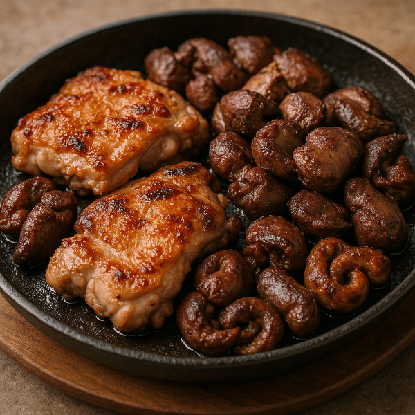 닭다리살과 간이 함께 구워져 담긴 고기 중심 식사