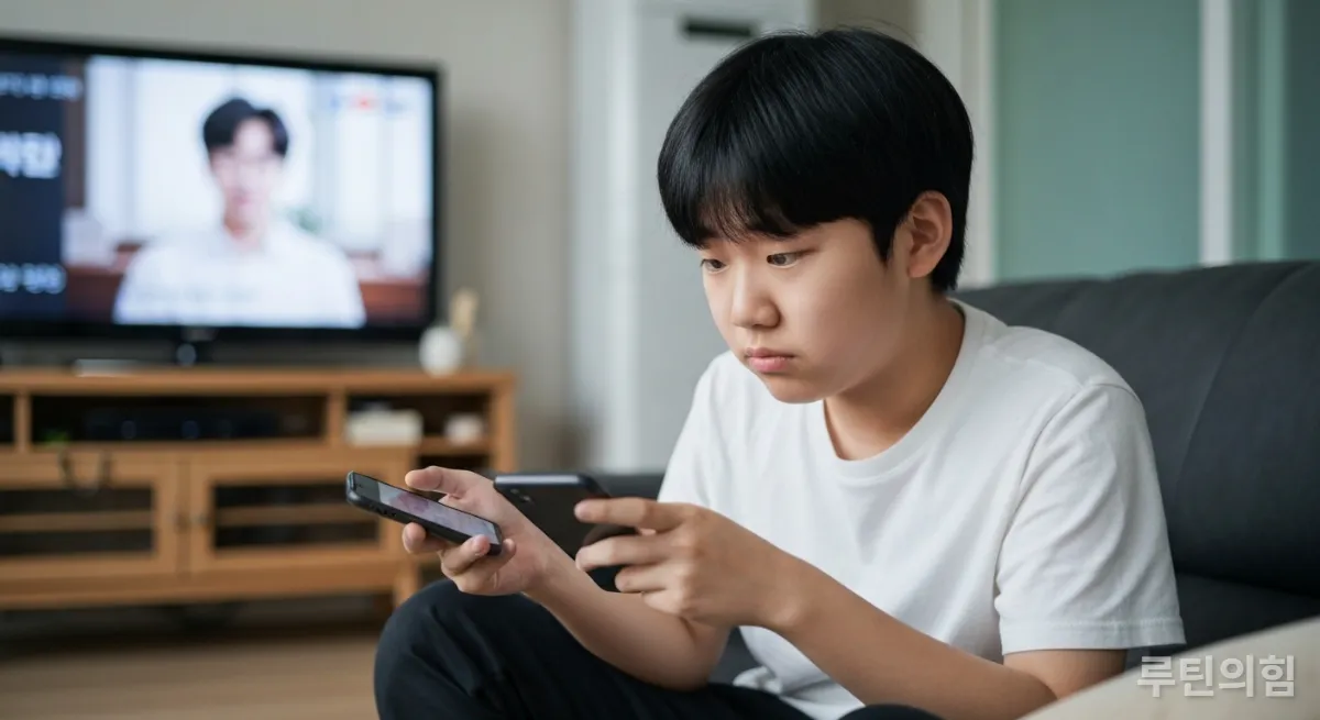 스마트폰으로 숏폼 콘텐츠를 계속 보는 한국 청소년의 모습