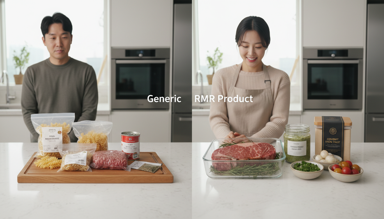 일반 밀키트와 프리미엄 RMR 제품의 재료를 나란히 비교한 모습. 고급스러운 RMR 제품 포장과 신선한 재료가 돋보인다.