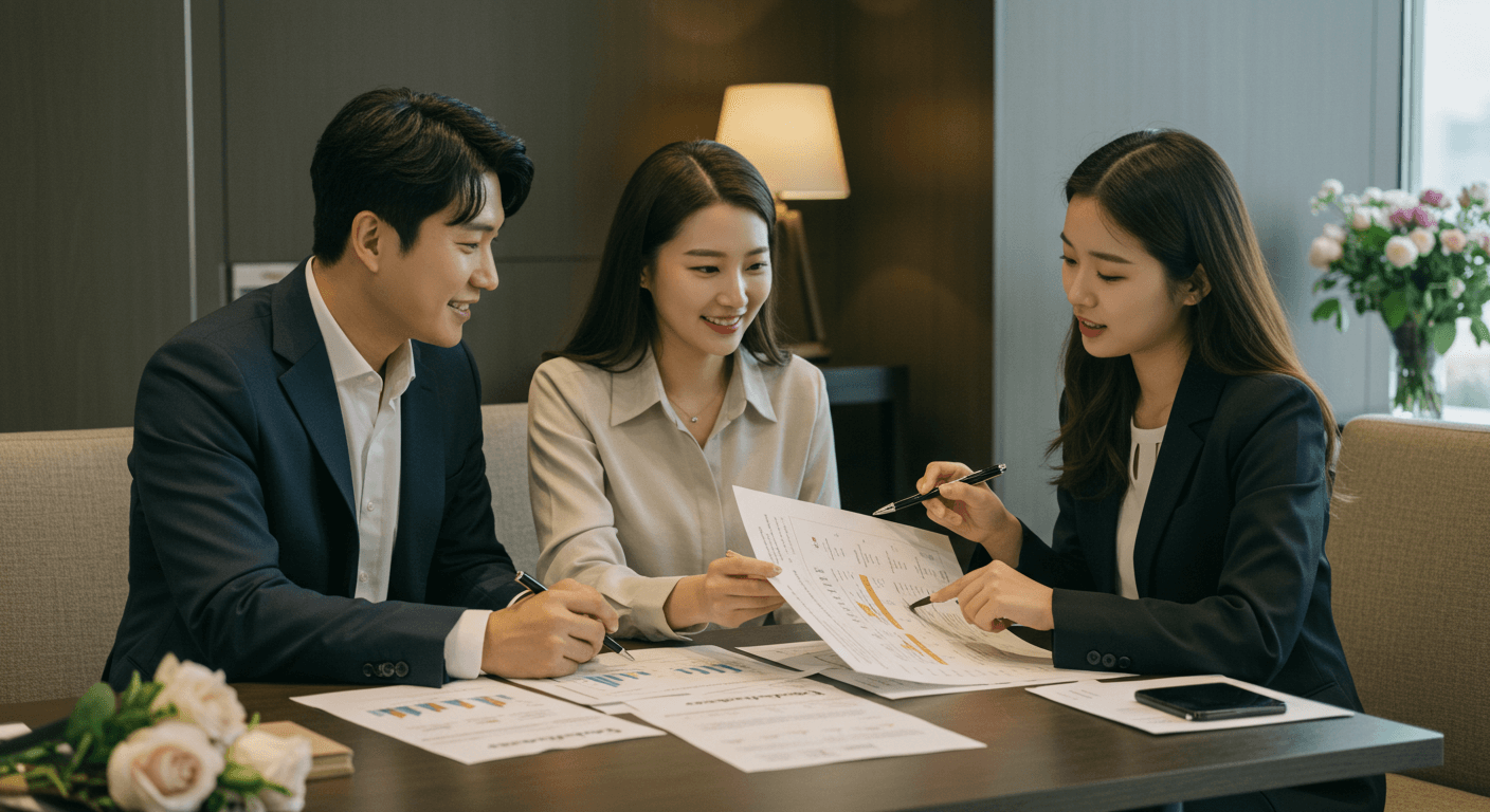 예비부부가 웨딩 플래너와 예산을 상의하는 장면 1