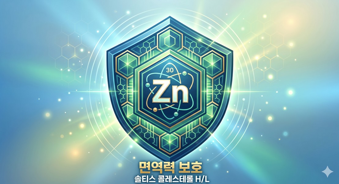면역력을 상징하는 육각형 방패 문양과 아연(Zinc) 원소 기호가 결합된 아트워크