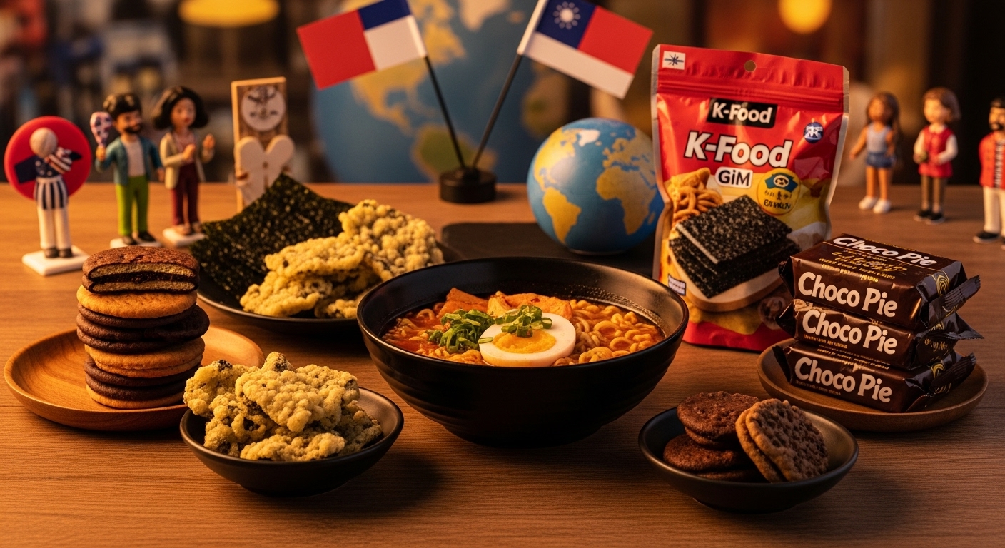 다양한 K-푸드(라면, 김, 초코파이)가 전 세계 지도를 배경으로 놓여 있으며, 글로벌 수출 성공을 상징하는 밝고 활기찬 이미지.