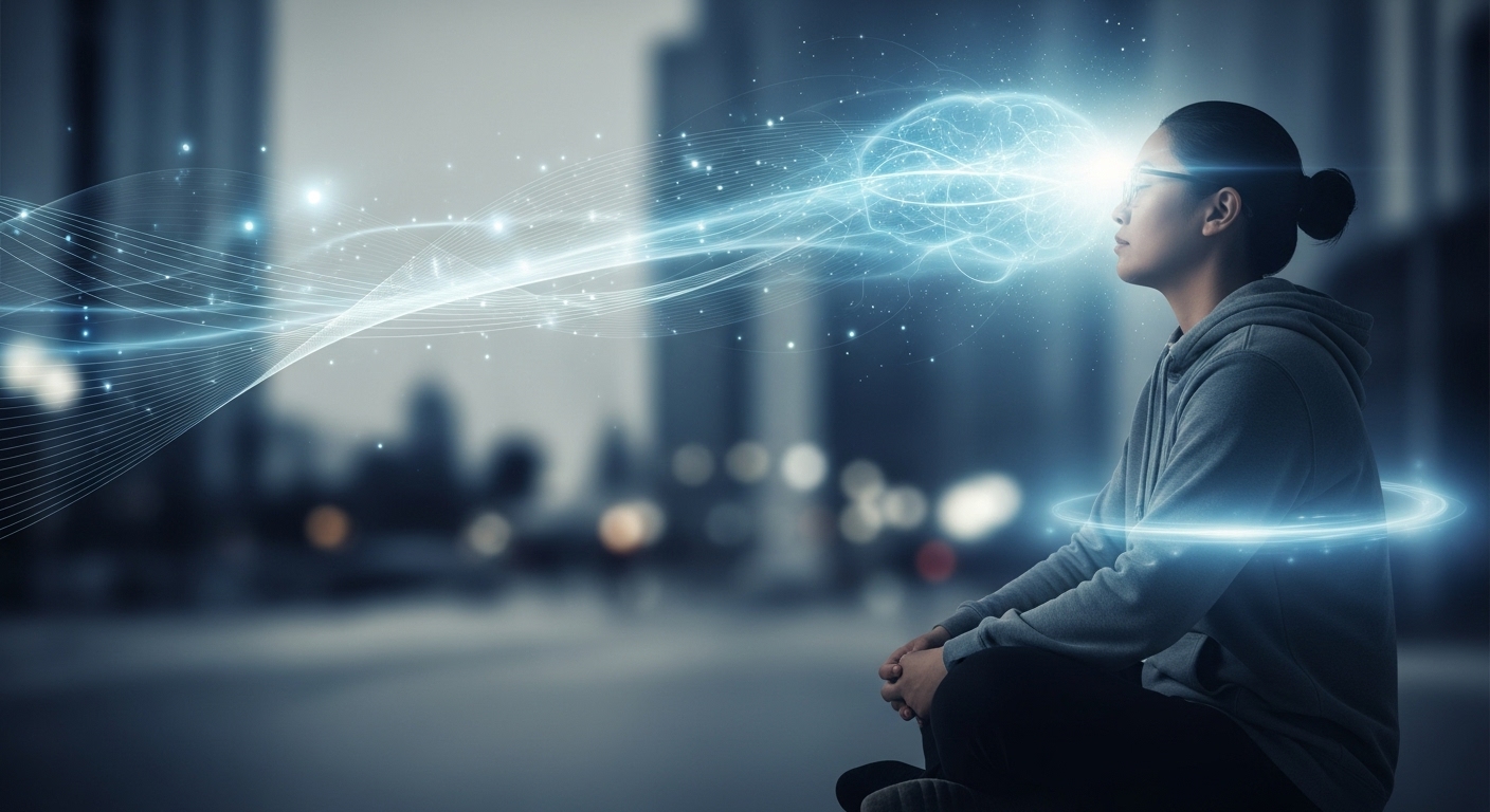 복잡한 도시 풍경 속에서 명상하는 평온한 사람의 모습, 내면의 고요함과 강인한 마음 근육을 상징합니다.