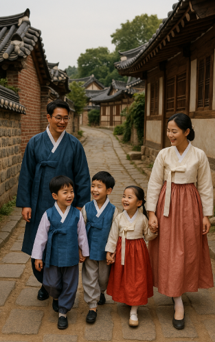 안동 전통 한옥 거리에서 한복 입고 전통을 즐기는 가족 모습