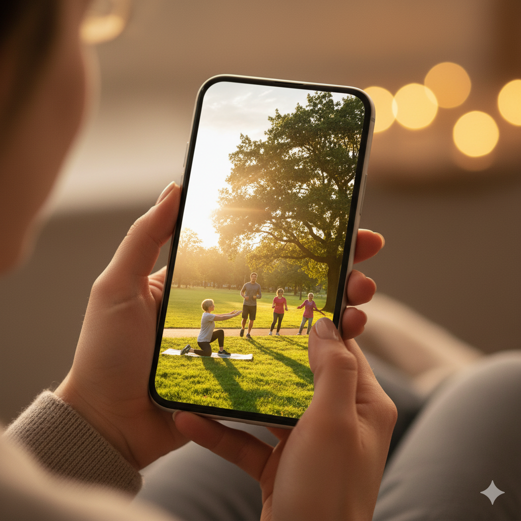 &lsquo;오늘도 건강한 하루 보내세요!&rsquo; 메시지가 뜬 스마트폰을 들고 있는 두 손.