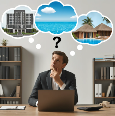 호텔, 풀빌라, 리조트 고민하는 이미지 그려줘.