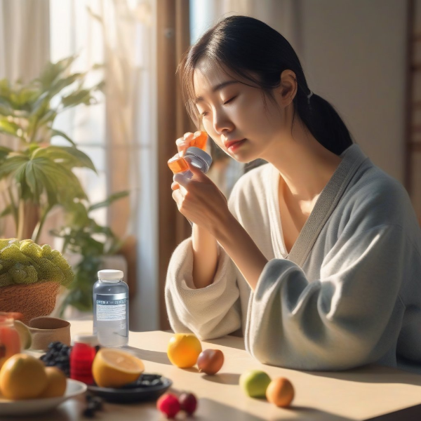 창가에서 햇살을 받으며 영양제를 복용하는 한국인 여성, 피로 회복과 면역력 향상을 위한 건강한 일상 연출