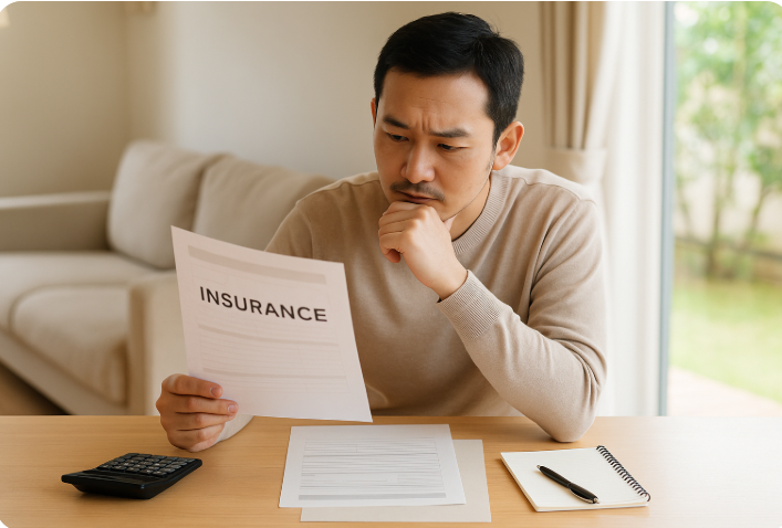 보험 서류를 보며 고민하는 남성.