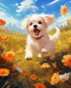 앙증맞은-흰-강아지가-꽃밭을-뛰어다니는-모습