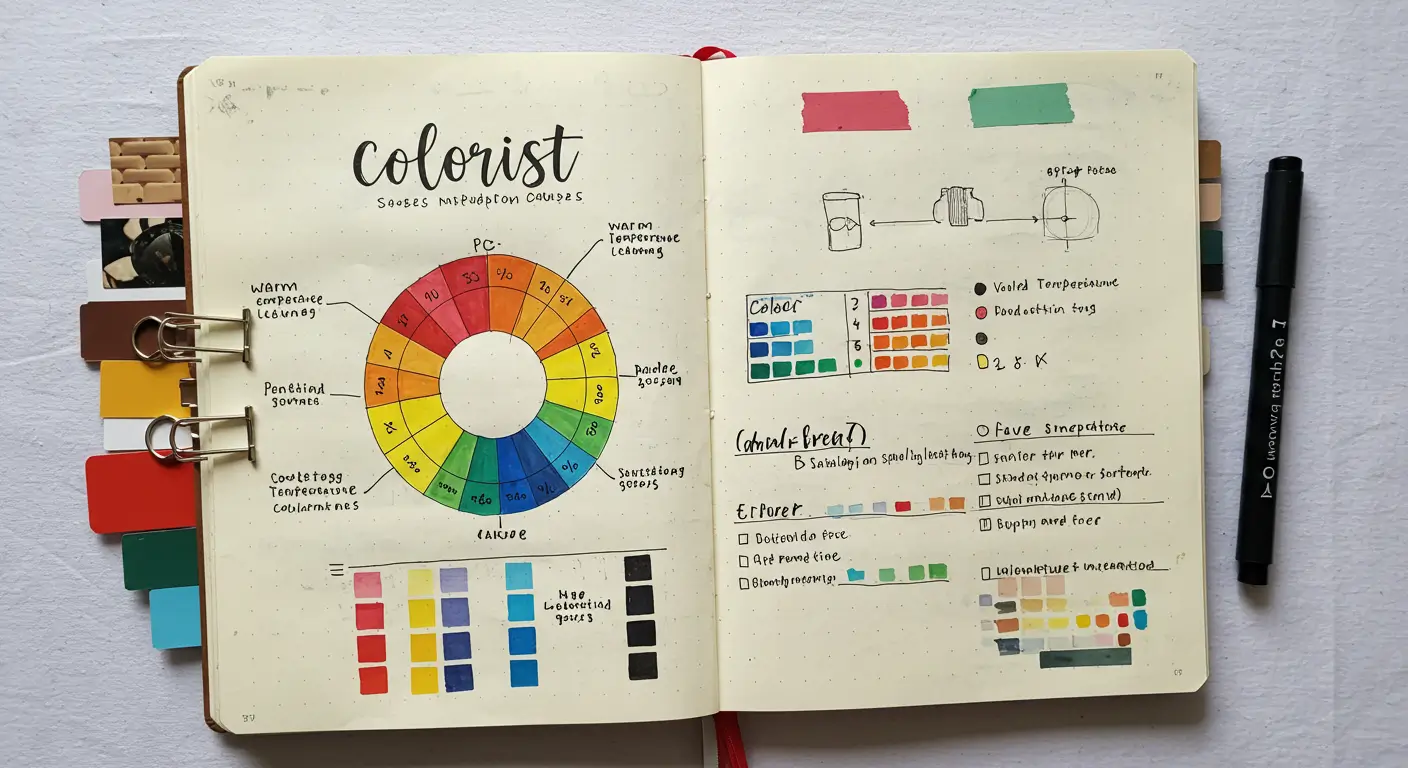 손으로 직접 그린 색상환과 배색 스크랩이 담긴 컬러리스트 공부 노트
