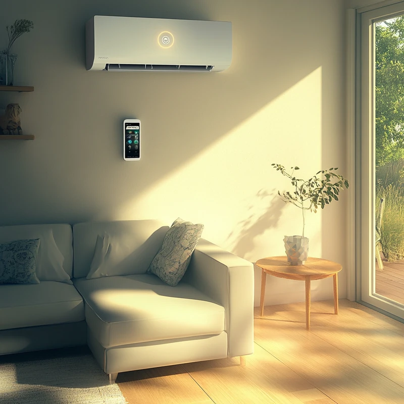 현대적인 거실의 스마트 에어컨, 스마트폰 앱으로 원격 제어 가능. 스마트 홈과 하이브리드 아키텍처의 조화로운 만남.