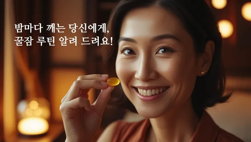 따뜻한 조명 아래에서 수면 보조제 캡슐을 들고 미소짓는 여성, 불면증 개선을 위한 취침 루틴 안내