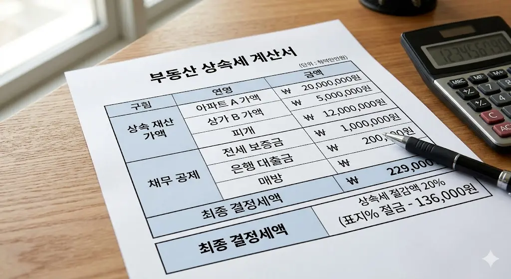 상가나 아파트 등 부동산 상속 시 전세 보증금과 은행 대출금을 채무로 공제받아 상속세를 절감하는 내역서 화면