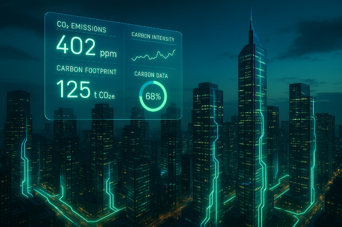 도시 전경 위에 디지털 탄소 데이터 패널이 투영된 환경 이미지