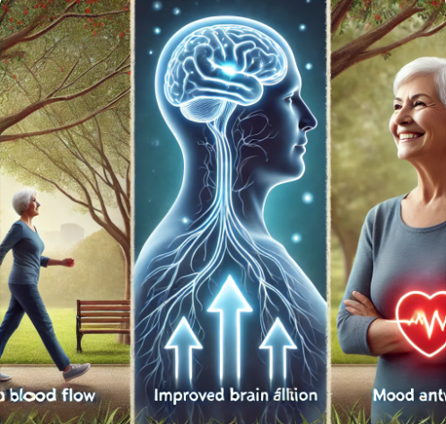 치매 예방을 위한 걷기 운동 효과
혈류 개선 (왼쪽)-노인이 공원에서 빠르게 걷고 있으며, 몸 주변에 부드러운 화살표로 혈액 순환이 활발히 이루어지는 모습이 표현됨.
뇌 활성화 (가운데)-걷는 인물 위에 뇌 이미지가 밝게 빛나며 겹쳐져 있는 모습.
기분 개선 (오른쪽)-걷기 후 기분 좋게 웃는 모습의 노인.