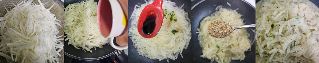 들깨무나물-왼쪽부터 무채 소금에 절이기-프라이팬에 무 볶다가 물 부어 끓이기-국간장 간하기-들깨가루 넣어 볶기-완성