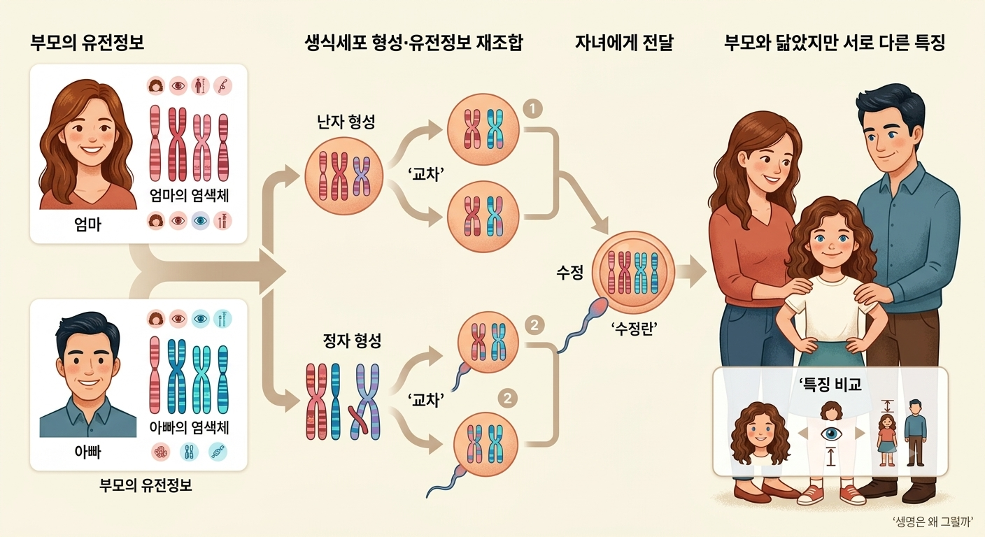 부모의 유전정보 → 생식세포 형성·재조합 → 자녀에게 전달 → 닮았지만 서로 다른 특징