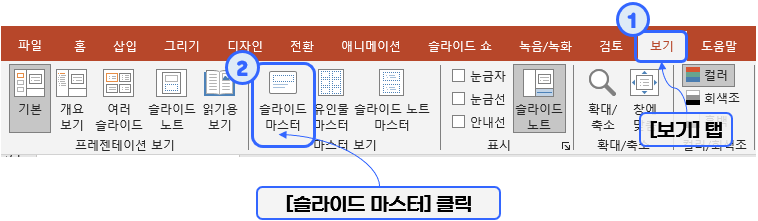 파워포인트(PowerPoint) - [보기] 탭의 [슬라이드 마스터] 클릭
