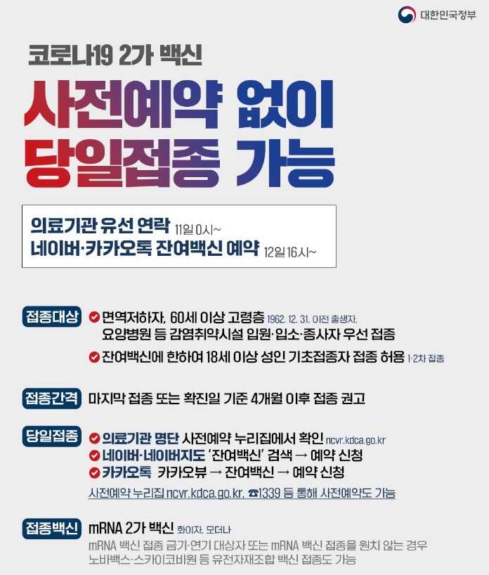 코로나19 2가 백신 사전예약 없이 당일접종 가능 안내표 화면캡쳐 사진