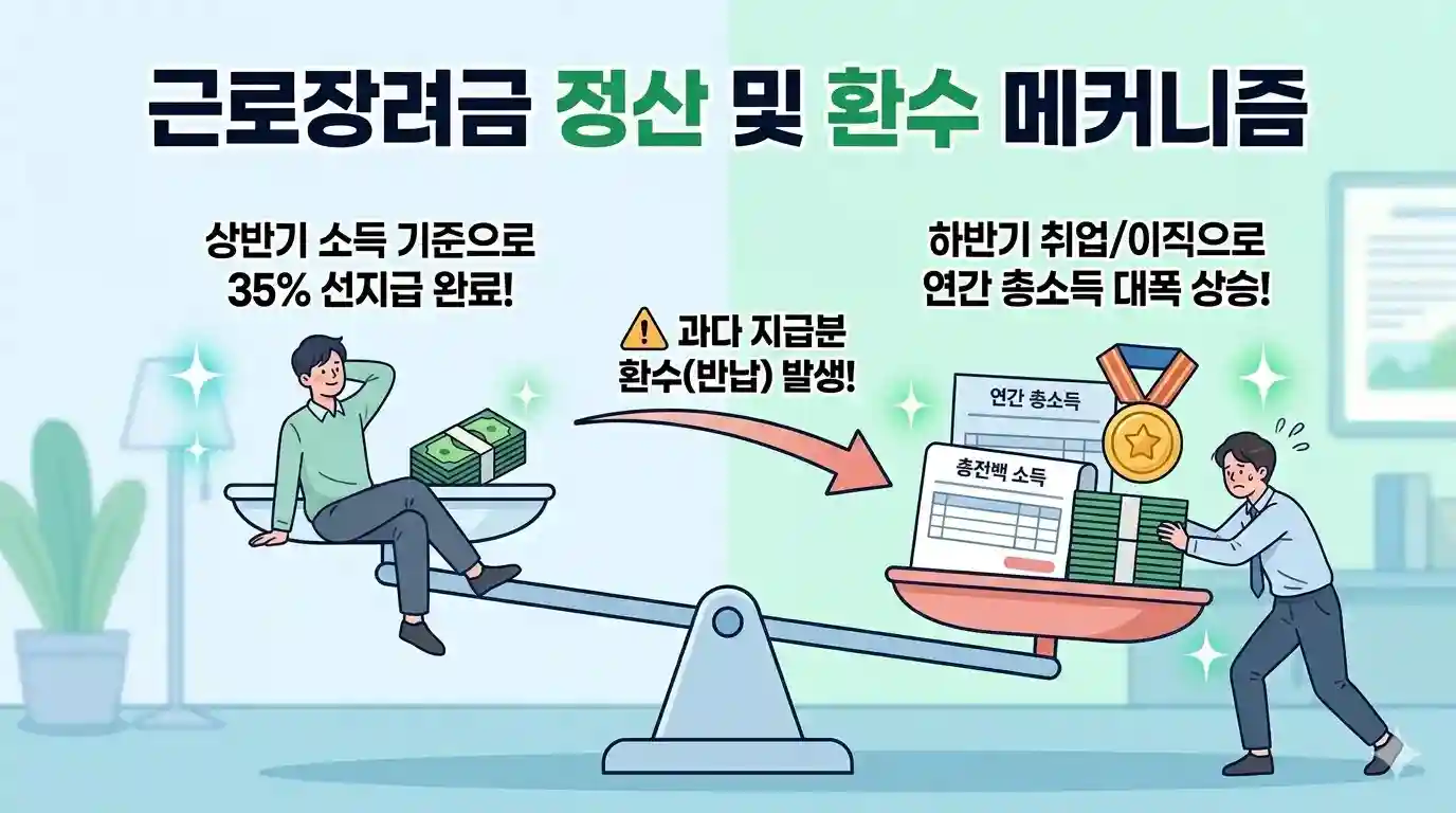 근로장려금 반기 신청 후 연간 소득 변동에 따른 정산 및 환수 리스크 구조를 설명하는 인포그래픽 이미지. 좌측 파란색 상자는 '상반기 단계(Step 1)'로, 초기 소득 기준으로 장려금 산정액의 35%가 미리 지급된 편안한 상태를 보여준다. 우측 빨간색 상자는 '연간 정산 단계(Step 2)'로, 하반기 취업이나 이직, 급여 인상 등으로 인해 연간 총소득이 기준치를 초과하여 급증한 상황을 대비하여 보여준다. 하단에는 이 두 단계의 불일치로 인해 6월 최종 정산 시 발생할 수 있는 '과다지급분 환수 리스크(⚠️ June Settlement: Overpaid Amount is Clawed Back)'를 경고 박스로 강조하며 시각적으로 환수 메커니즘의 원인을 명확하게 설명하고 있다.