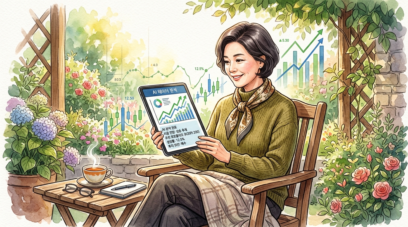 중년 여성이 태블릿 PC로 AI 주식 투자 분석 차트를 보며 미소 짓는 모습.