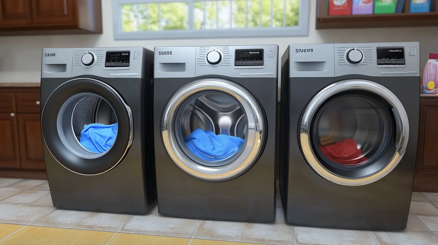 세련된 인테리어 속에 나란히 놓인 삼성 WW80T4040CE와 하이얼 HW80-BP14636, 중가형 세탁기의 비교를 강조하는 쇼룸 이미지.